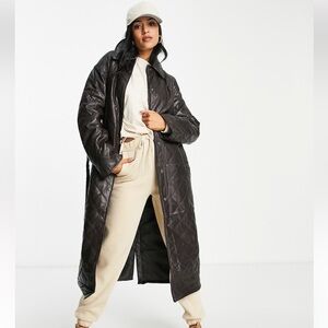 Asos Tall Hero Brown Faux Leather Quilted Coat Sz Small, 2
